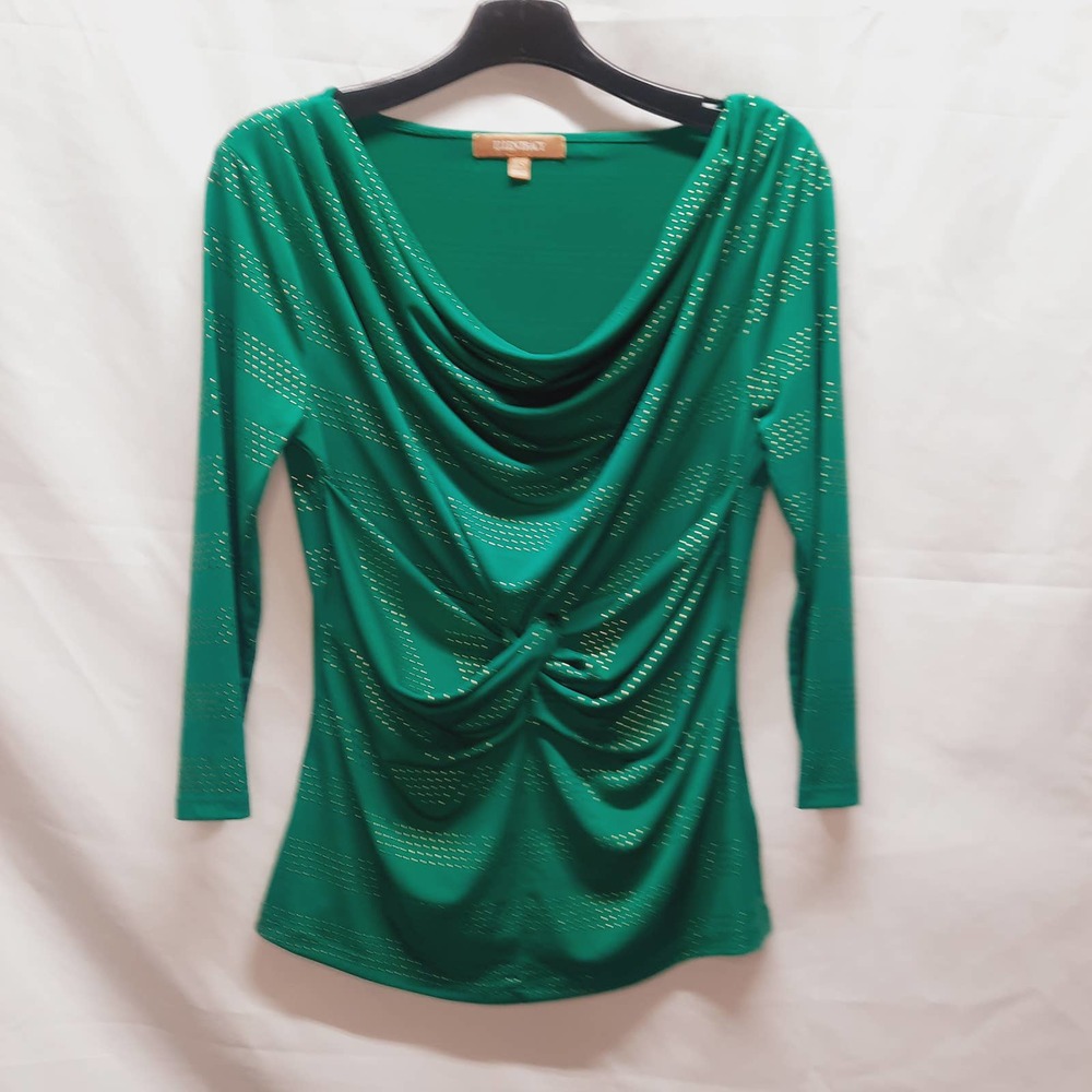 Ellen Tracy Y2K Green Gold dots twist front ruched drape neck 3/4 sleeves top XS
